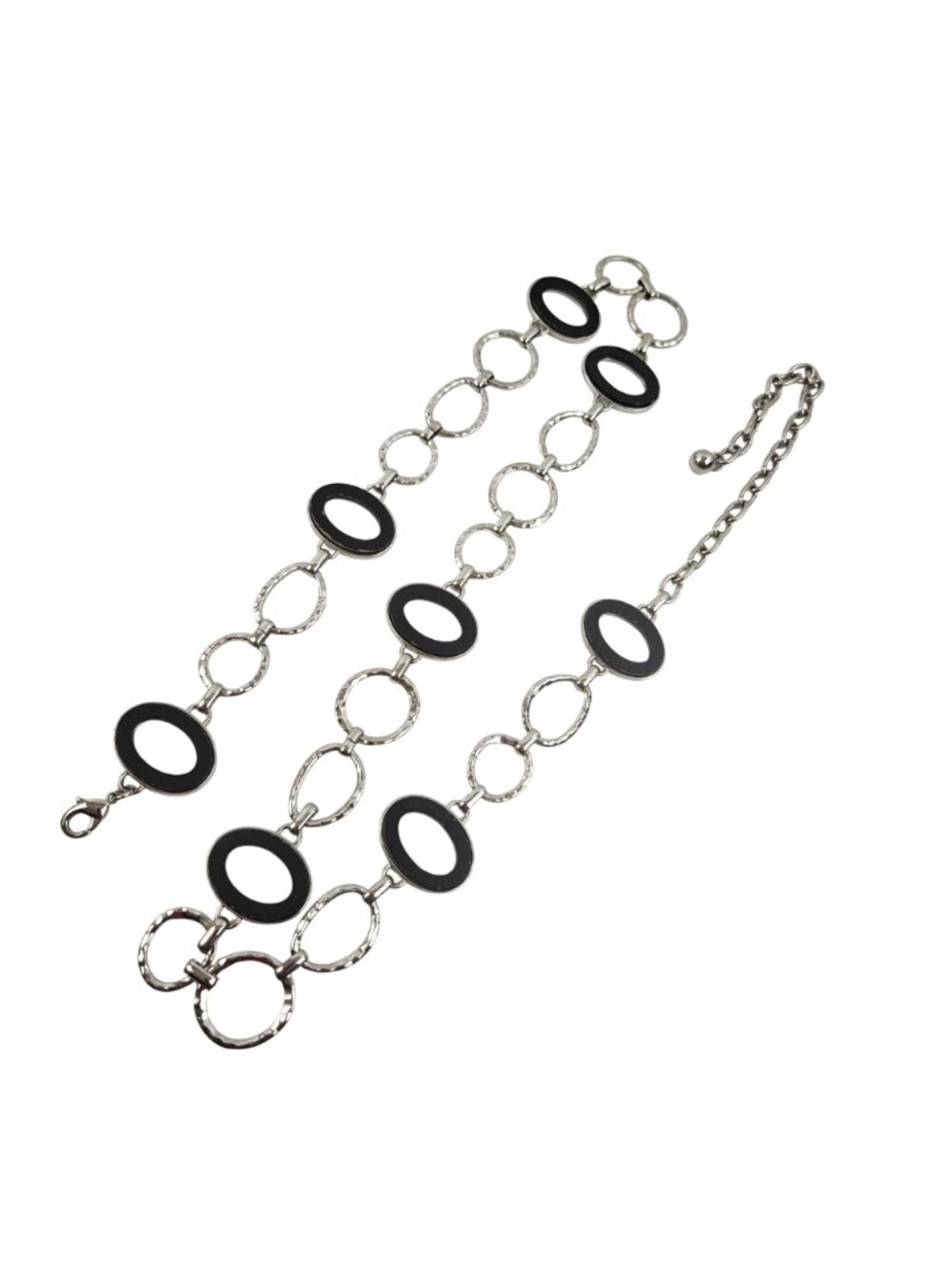 Silver Tone Waist Belt Womens Chain Black Oval Links Adjustable Modern Chic - Picture 2 of 8